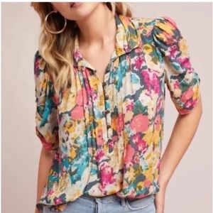 Maeve Anthropologie Watercolor Susan Ruched Lightweight Blouse Size 6 Pink Green